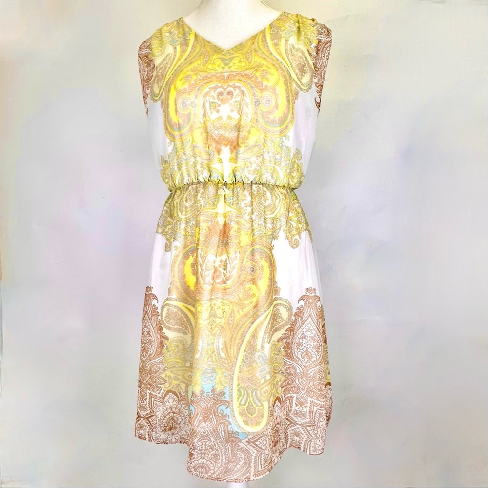 Antonio Melani V Neck Sheer lined Yellow and Brown Paisley Dress